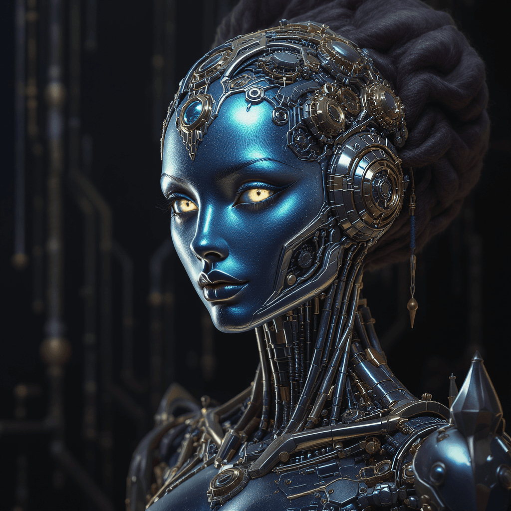 AI generated: Photorealistic portrait of a female android, intricate steampunk aesthetics, advanced biomimicry ele...
