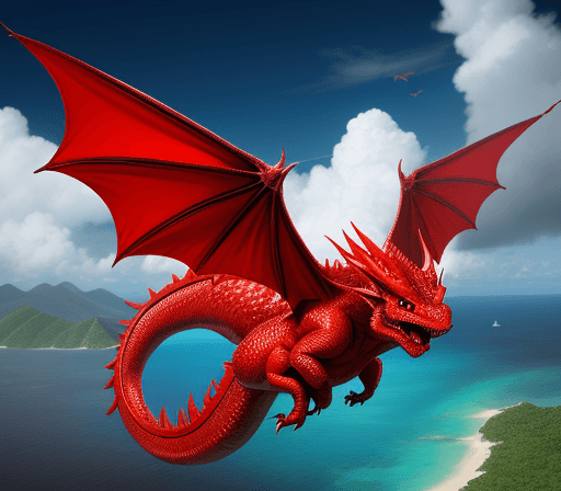 AI generated: A magical red dragon flying away from a tropical island, 8k, in style of Richard Kane Ferguson

