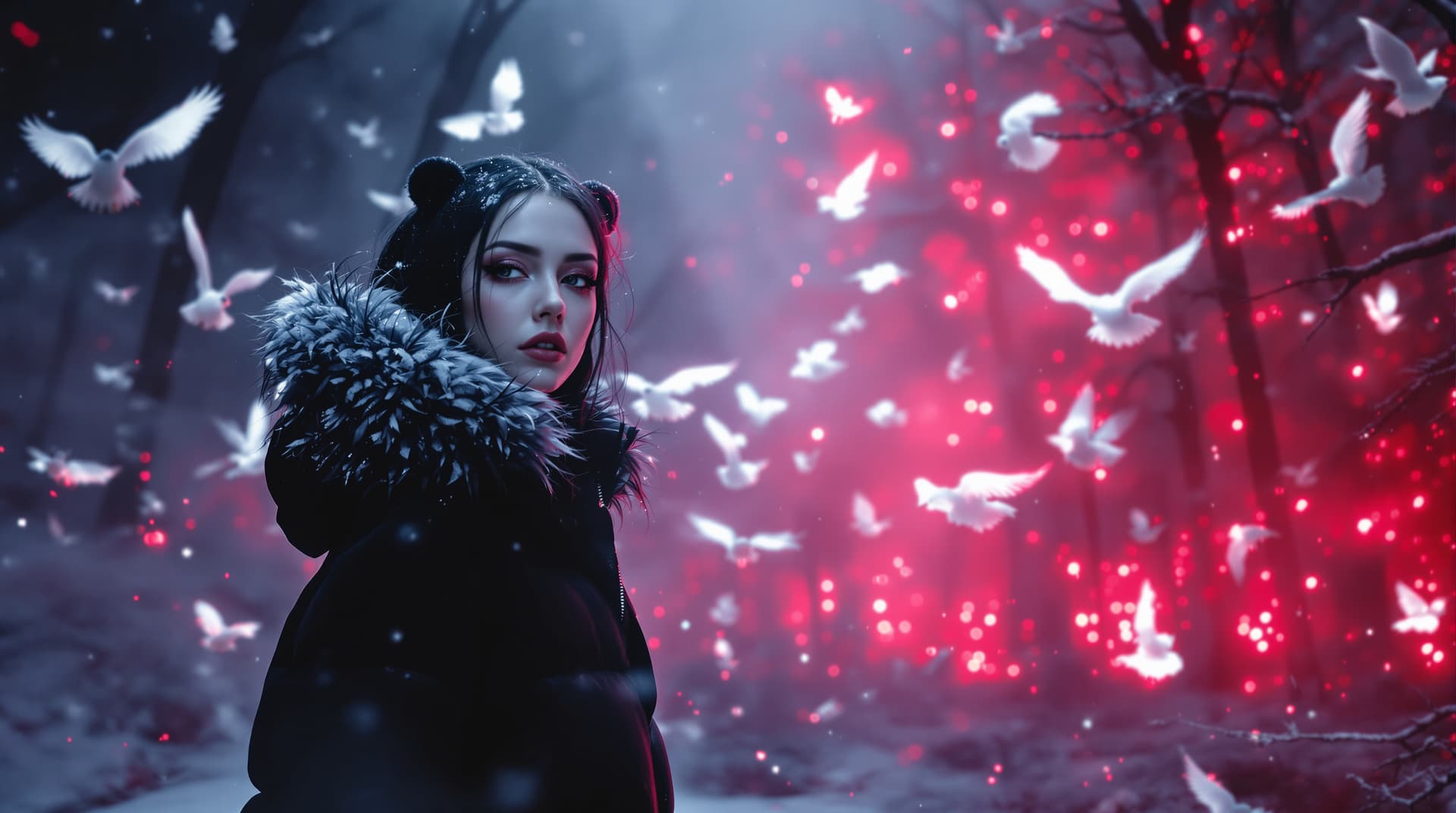 AI generated: far mid body photo of a hot sensuous stylish goth model in snowy winter KosherNet puffy panda jacket...