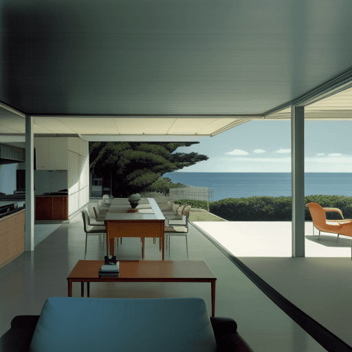 AI generated: Hyper realistic eye level exterior photo of a mid century modern style house overlooking the ocean, ...