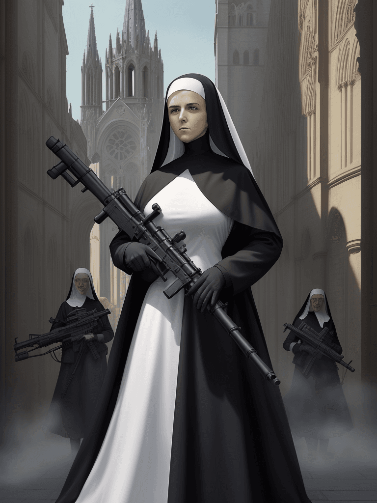 AI generated: nuns with guns, a beautiful nun holding a large machine gun, a cathedral in the background, beautifu...