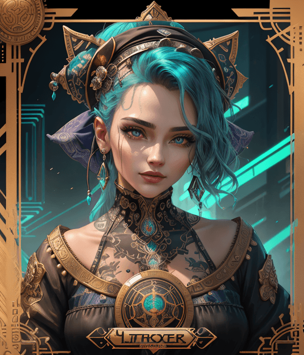 AI generated: tarot card with intricate detailed frame around the outside, portrait of cyberpunk head with jester ...