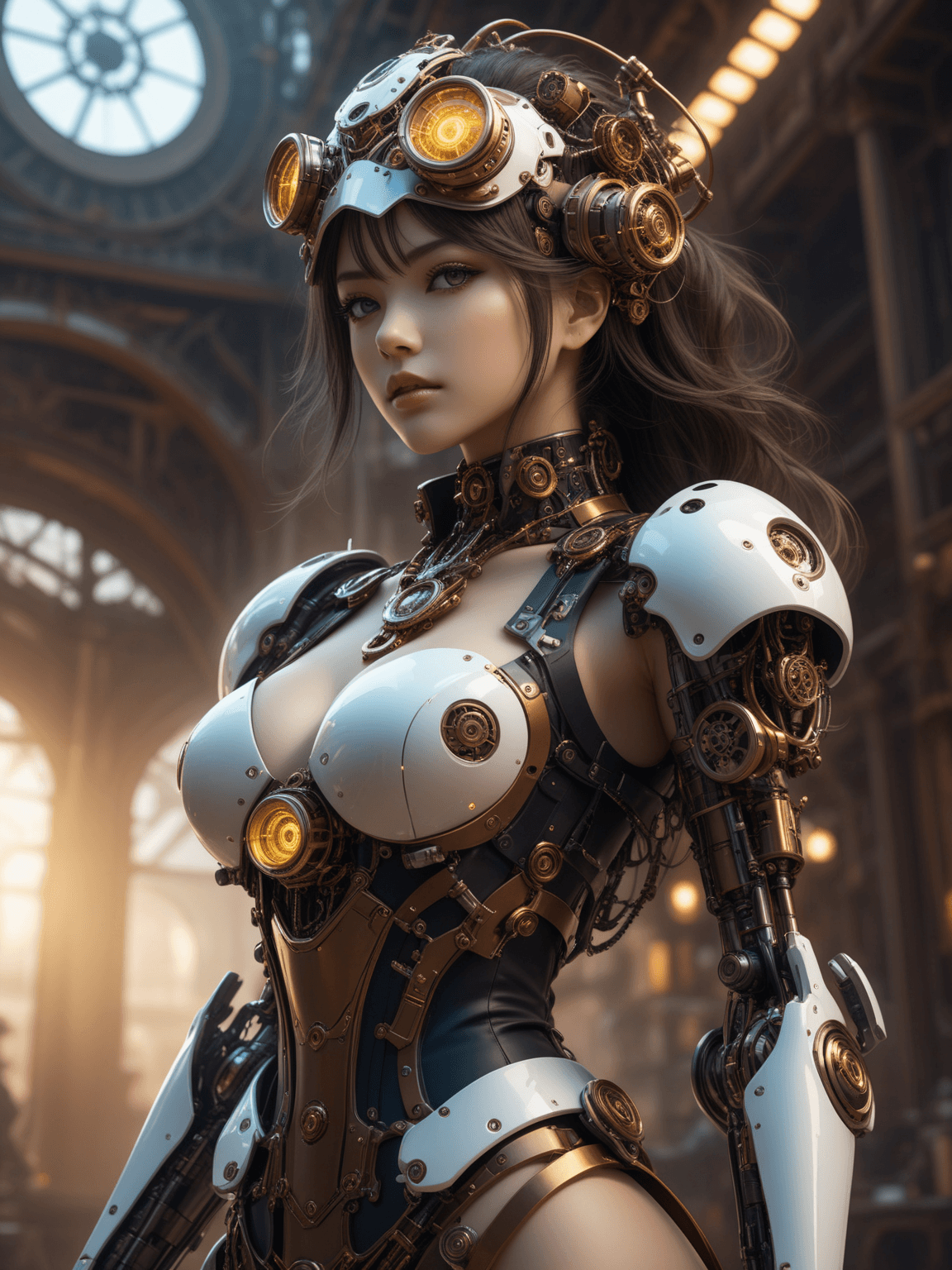 AI generated: (steampunk atmosphere, a stunning girl with a mecha musume aesthetic, adorned in intricate cyber gog...