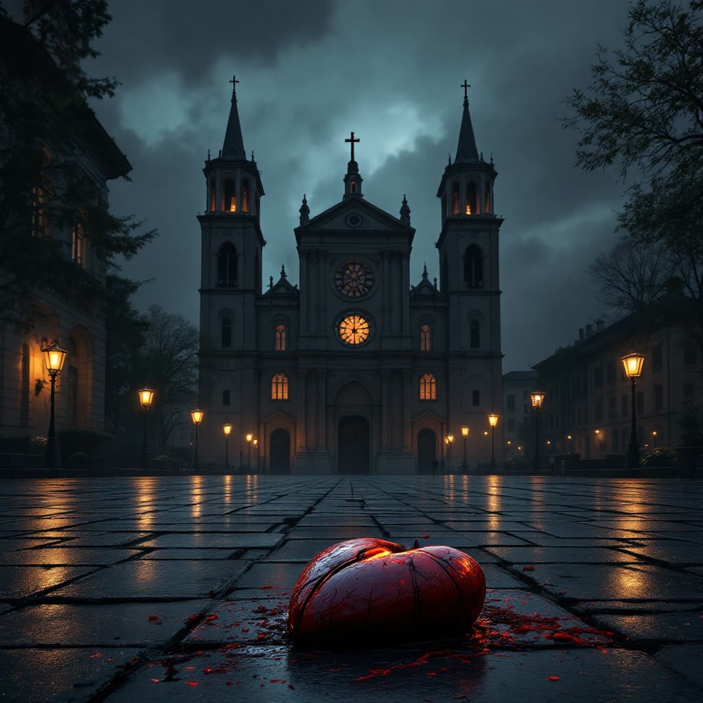AI generated: Plano general amplio de una catedral gótica al anochecer, con toda la fachada visible, composición c...