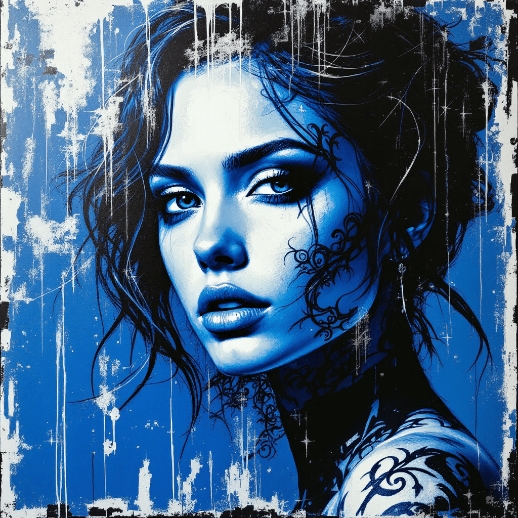 AI generated: movie poster, tattooed woman character in silver, white and blue, in the style of Banksy, light-focu...