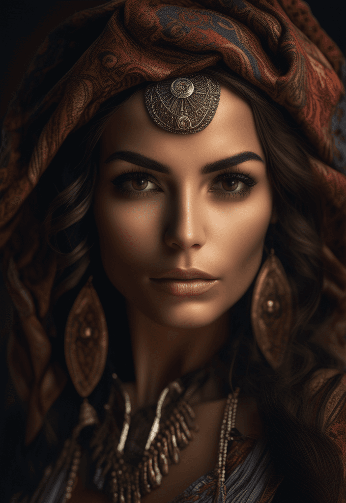 AI generated: a centered photograph of a stunning gypsy model, highly-detailed, hyper-realistic, hi-end
