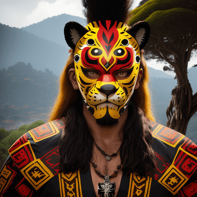 AI generated: man with jaguar warrior helmet mask with jaguar-style spots and abundant hair, wooden mask, fine woo...