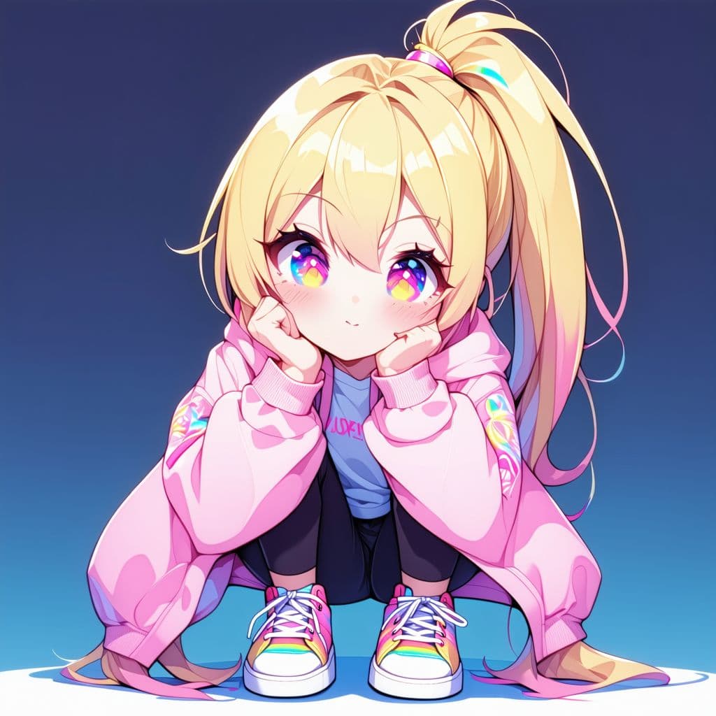 AI generated: ((gradient wide eyes)), ((kawaii)), ((eyelashes)), blonde ponytail, sneaker, windbreaker, leggings, ...