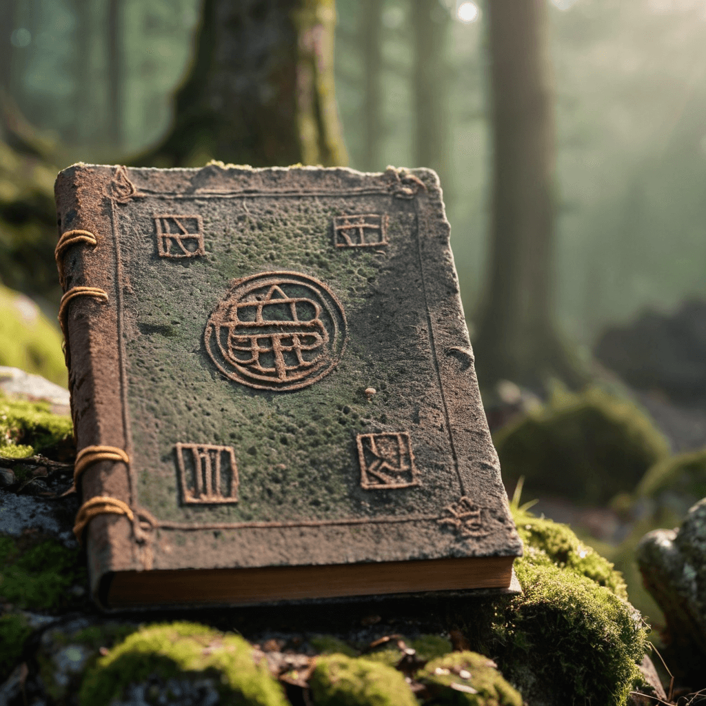AI generated: Moss medieval magic ancient spell book with runes, Covered in soft, rust, (Soft Focus), (f_stop 4.5)...