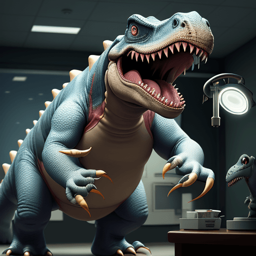 AI generated: dentist dinosaur, tiny character, cartoonish, big eyes, with dental instruments that help maneuver, ...