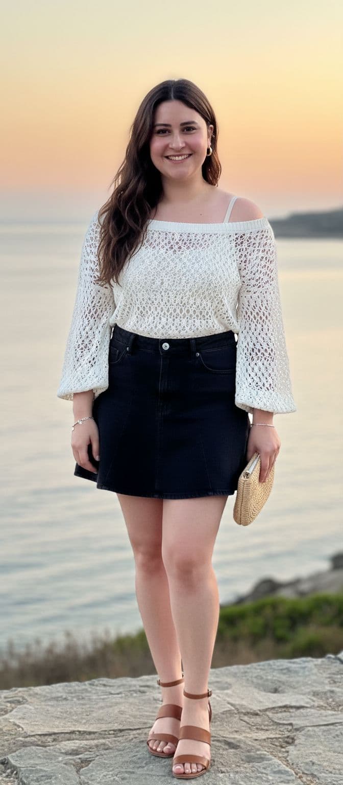 AI generated: generate an image for this person with complete body wearing a short skirt and open top