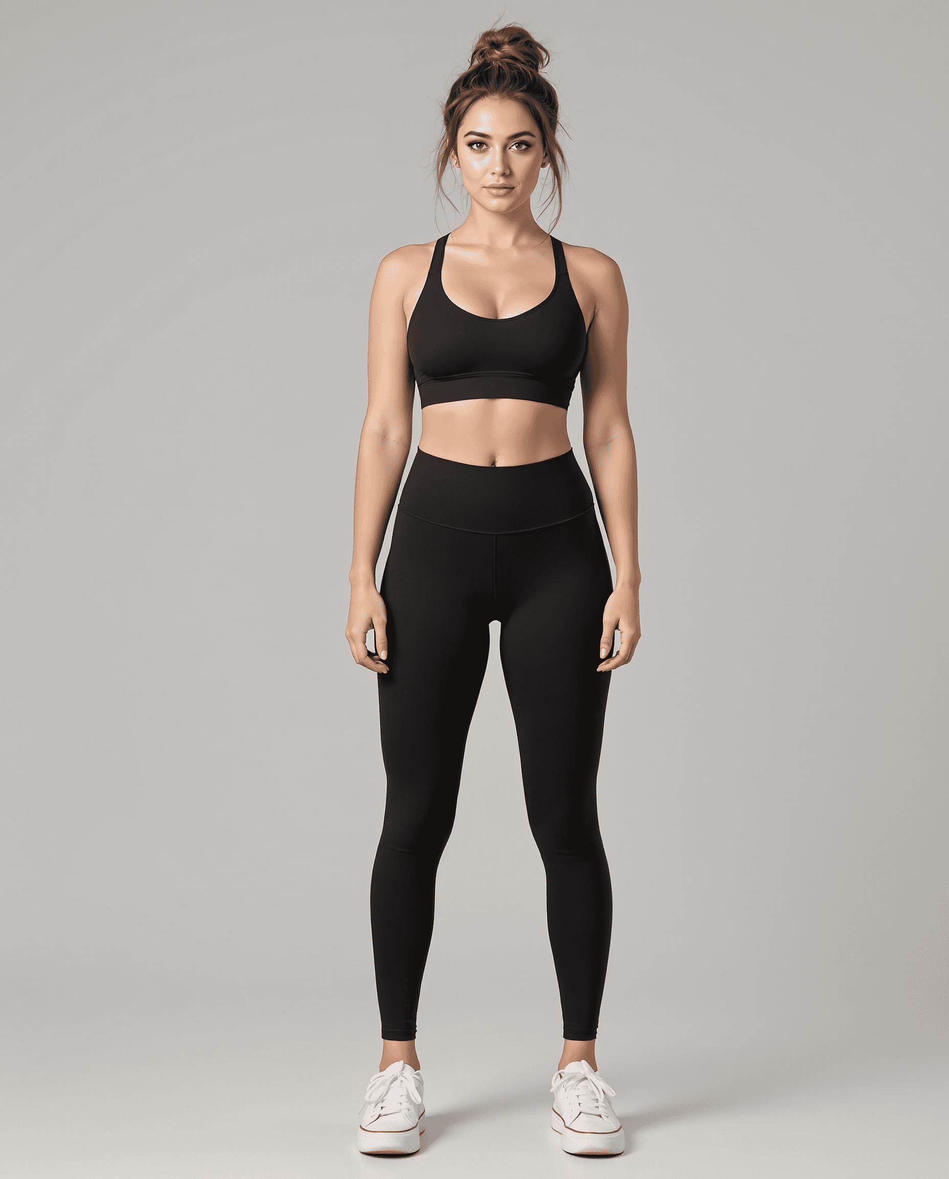 AI generated: A hyper-realistic, ultra-detailed full-body front-view depiction of Keeley Hazell with no expression...