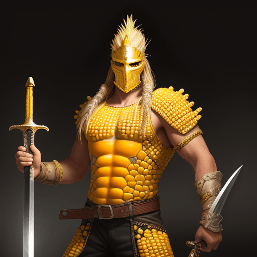 AI generated: corn warrior, with a sword in his hand