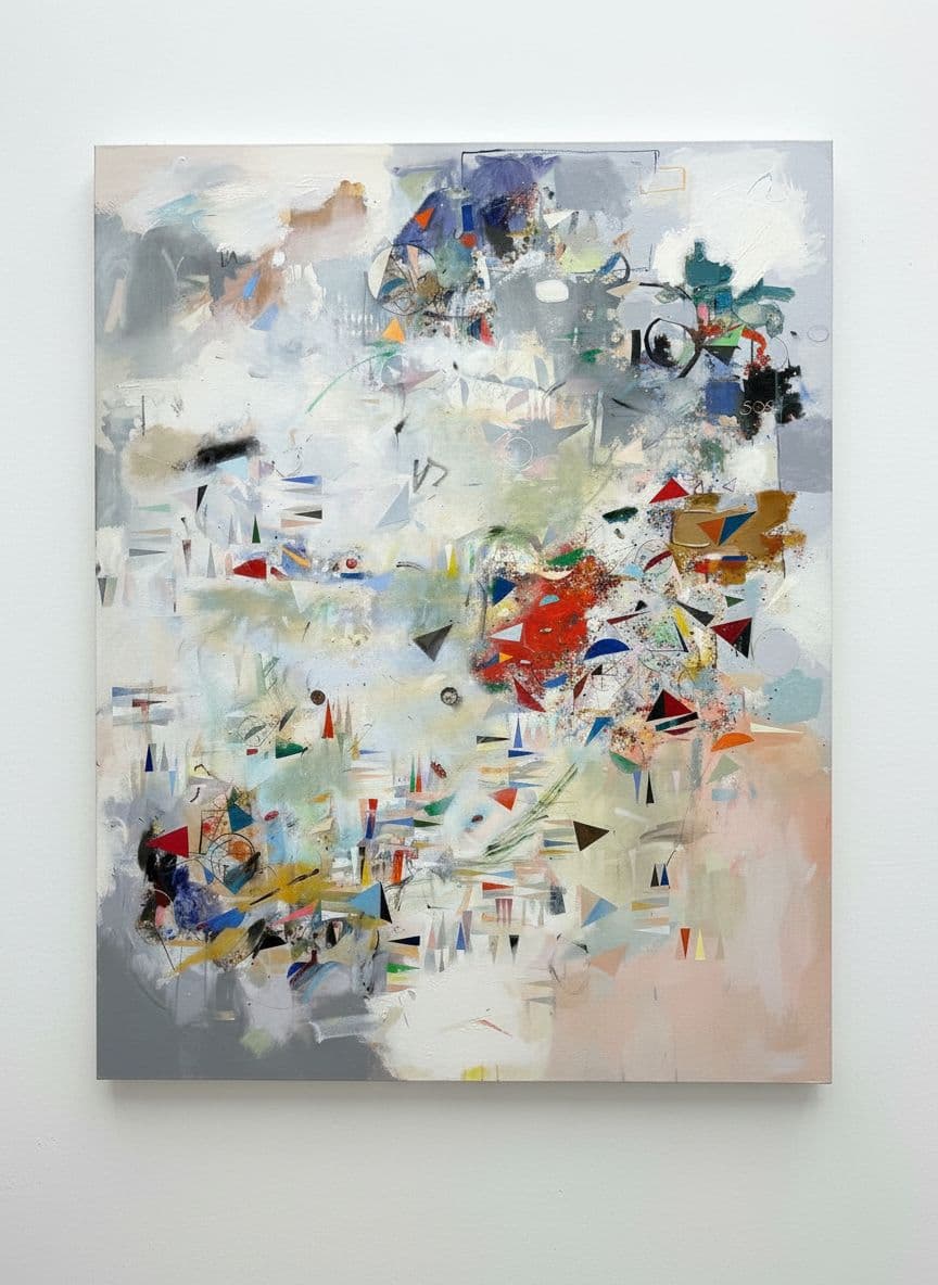 AI generated: Close-up view of a single vertical painting on a white wall, filling most of the frame, studio photo...