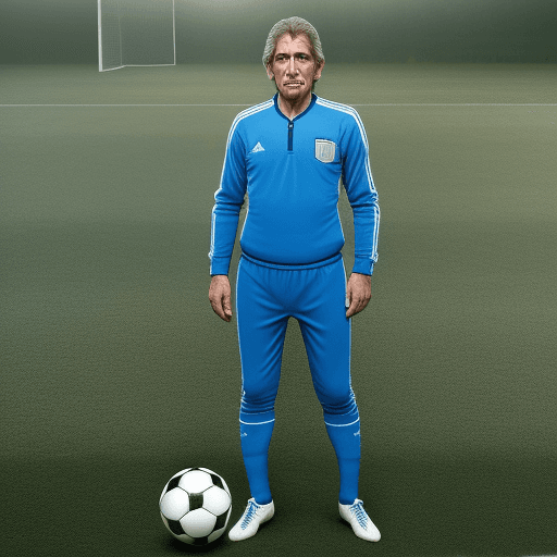 AI generated: Hyper realistic photo on a soccer pitch, man, 55 yo, argentinian, in blue training suit
