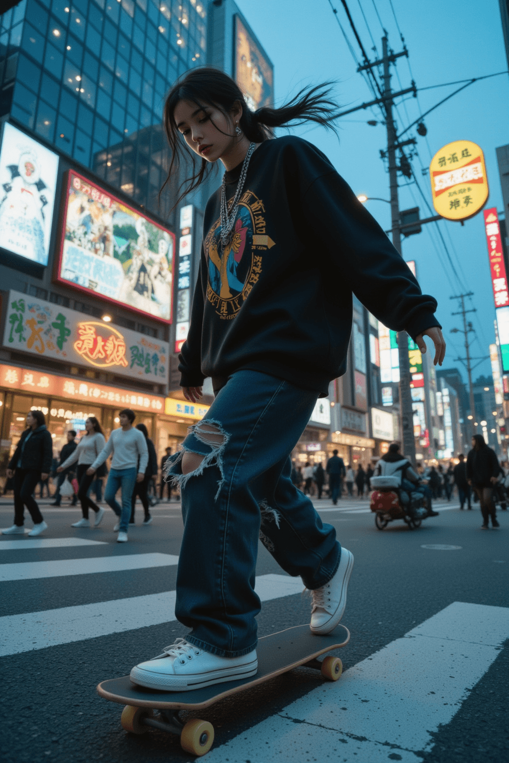 AI generated: A dynamic, wide-angle, low-angle action photograph of a stylish young Japanese woman skateboarding t...