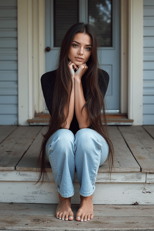 AI generated: knees together, woman with playful gaze, natural, very long hair, porch, dark theme, strobist, shot ...