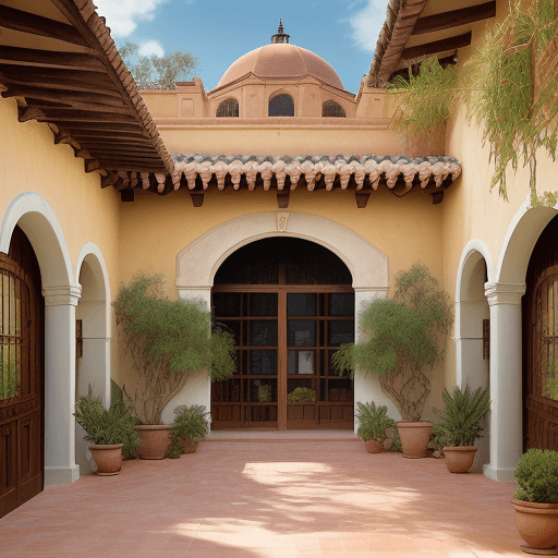 AI generated: exterior photo of a hacienda style house, off-white walls, old wood and iron doors, open courtyard, ...