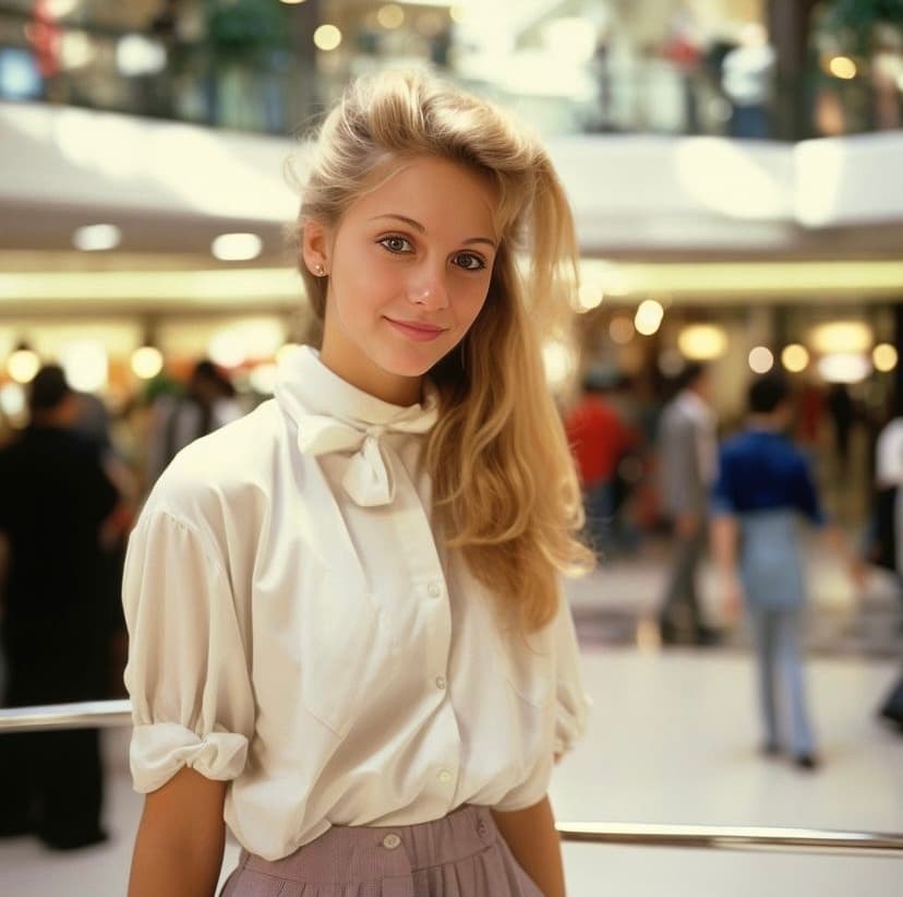 AI generated: Beautiful blonde girl in 1985 wearing side ponytail standing in the mall — s 1000 — weird 1000