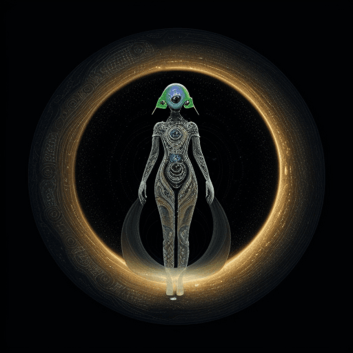 AI generated: Half portrait of an alien adorned with intricate organic neural clothes, standing on the edge of a g...