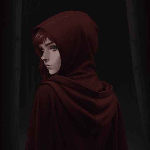 AI generated: A girl with green eyes and red hair in a brown robe with a hood on her head, viewed from the back, h...