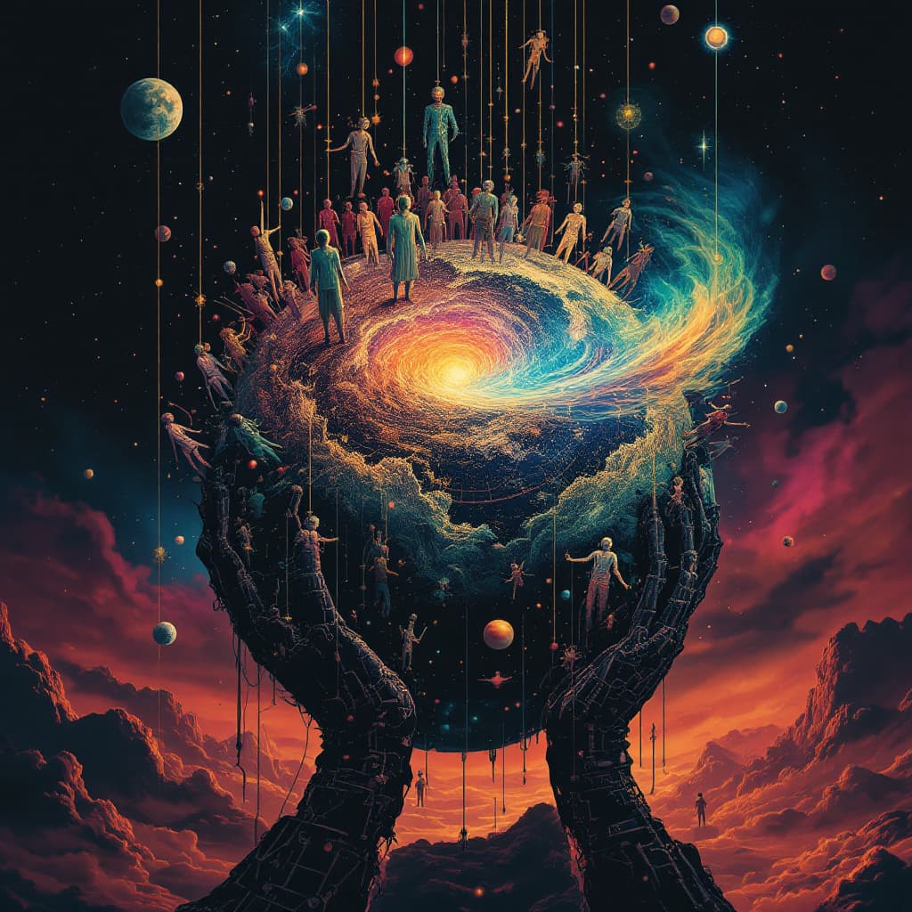 AI generated: The inhabitants of planet Earth, the overriding artificial intelligence, human puppets.