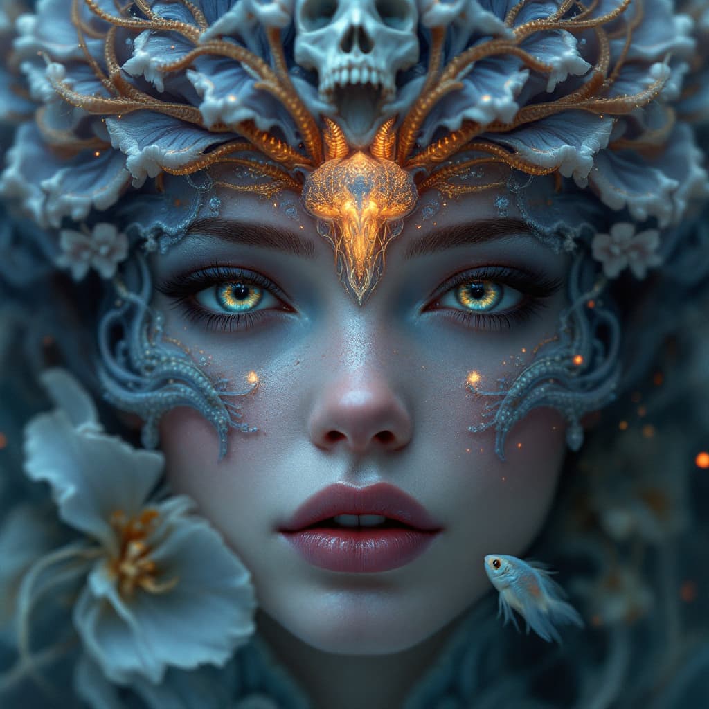 AI generated: Goddess close-up portrait ribcagel. jellyfish phoenix head, nautilus, orchid, skull, betta fish, bio...