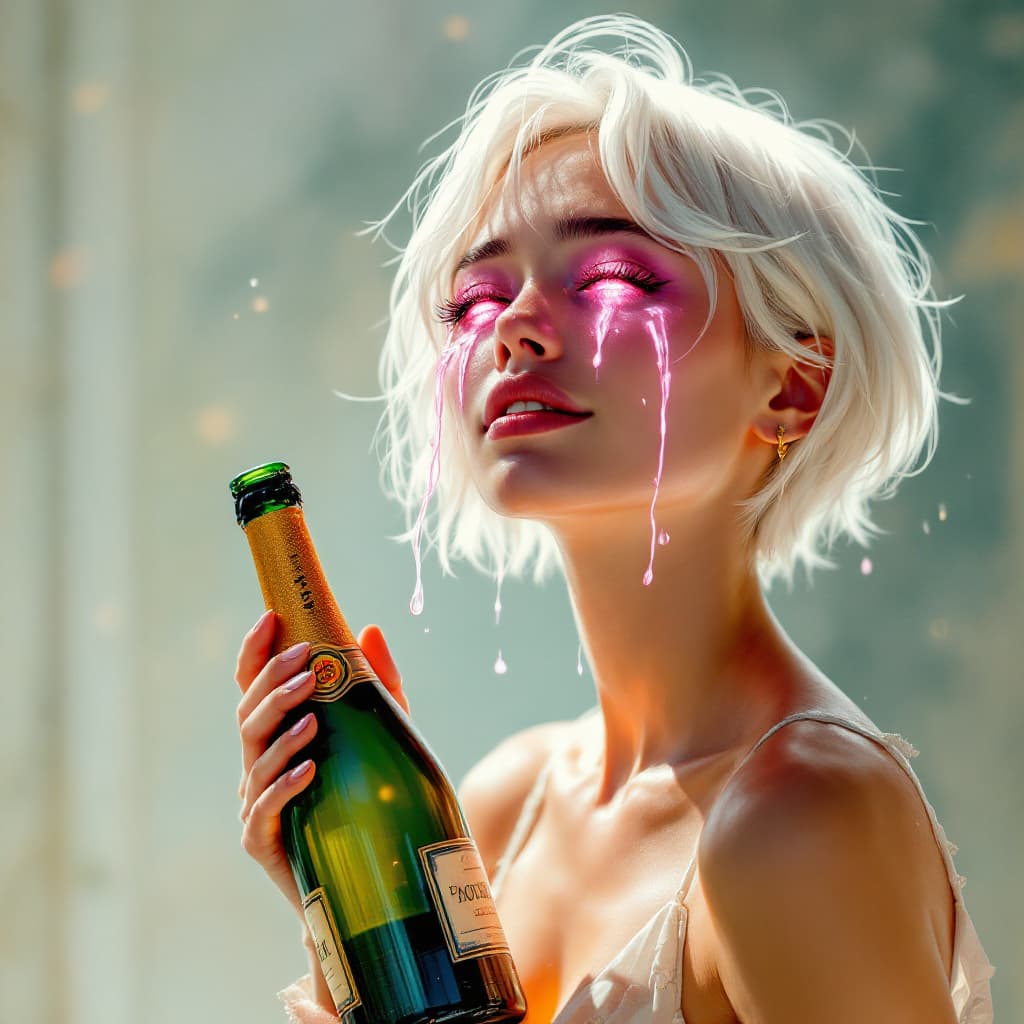 AI generated: Young adult female, very short white hair, glowing pink eyes with glwing pink tears pouring down her...