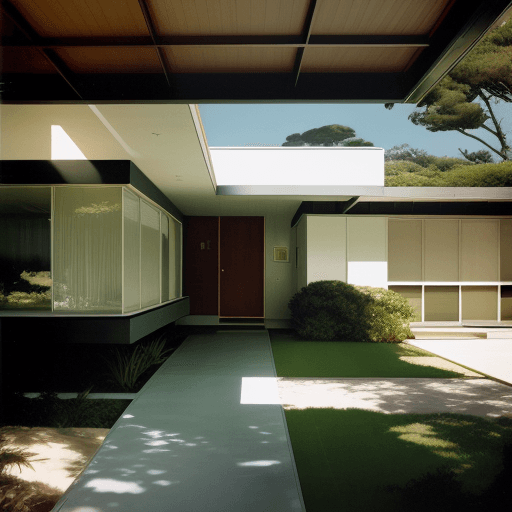 AI generated: Hyper realistic eye level exterior photo of a mid century modern style house overlooking the ocean, ...