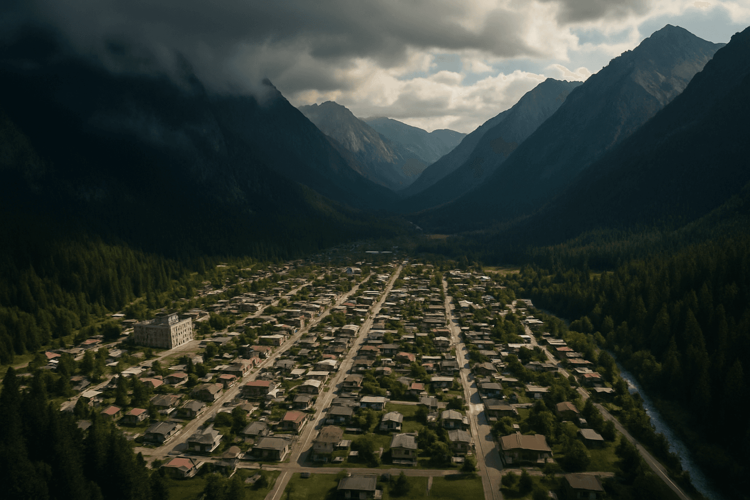 AI generated: A small town, nestled in a valley surrounded by towering, rugged mountains and dense, dark green for...