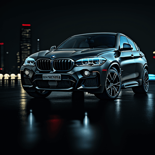 AI generated: a picture of a bmw X6, modern car, black color, perfectly centered, dark night, neon lights in the b...