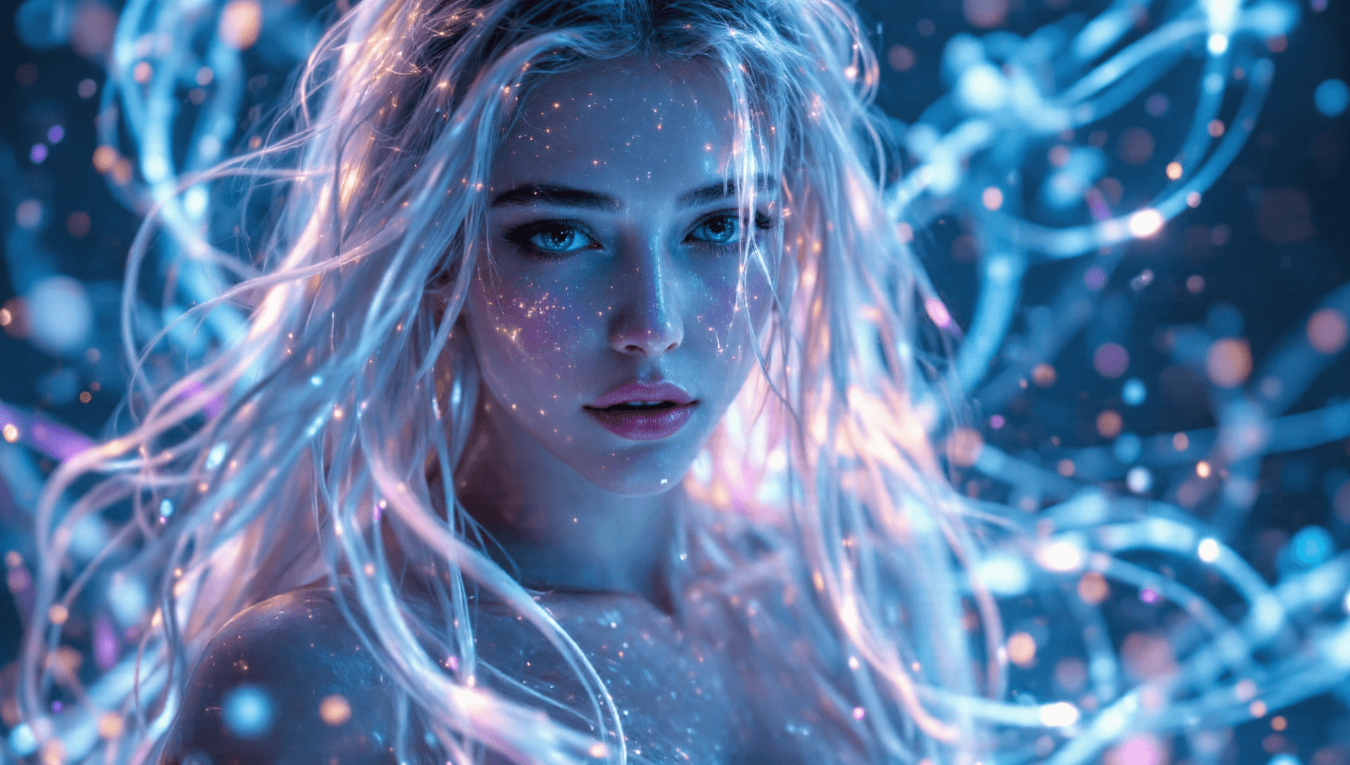 AI generated: The image depicts a fantastical scene featuring a character (beautiful woman) with long, flowing hai...