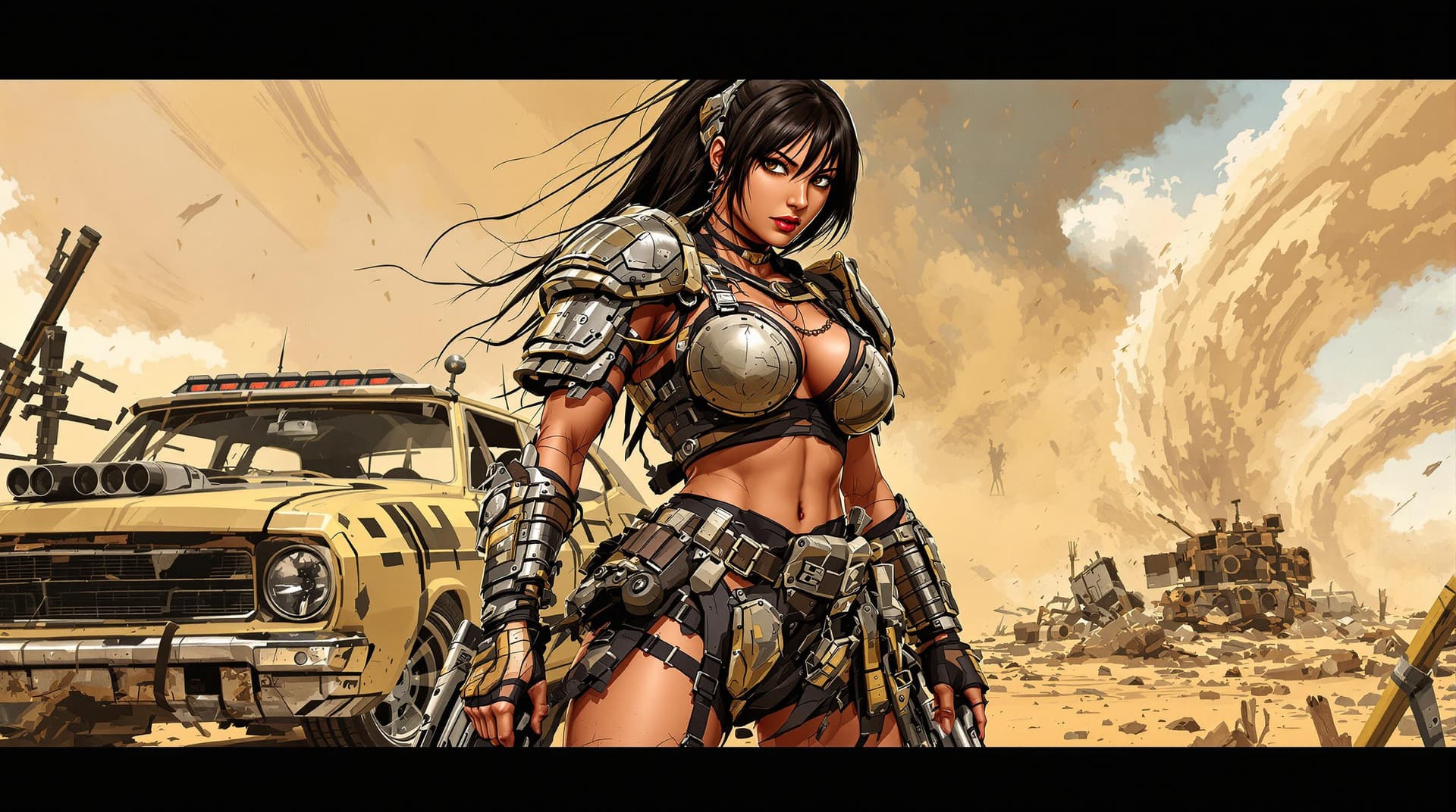 AI generated: (subject, a asian female extreme bodybuilder apocalyptic warrior, description, wearing self-made Mad...