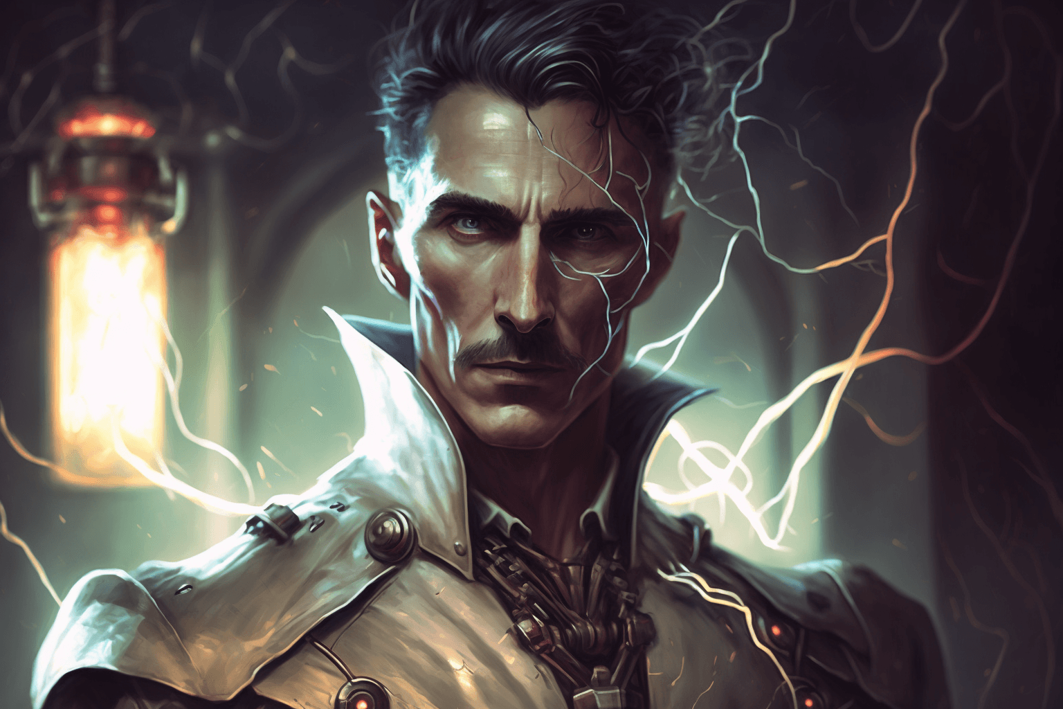 AI generated: <https://s.mj.run/-KbLDxisZTw> nicola Tesla in electric robot armor without a helmet, cyberpunk styl...