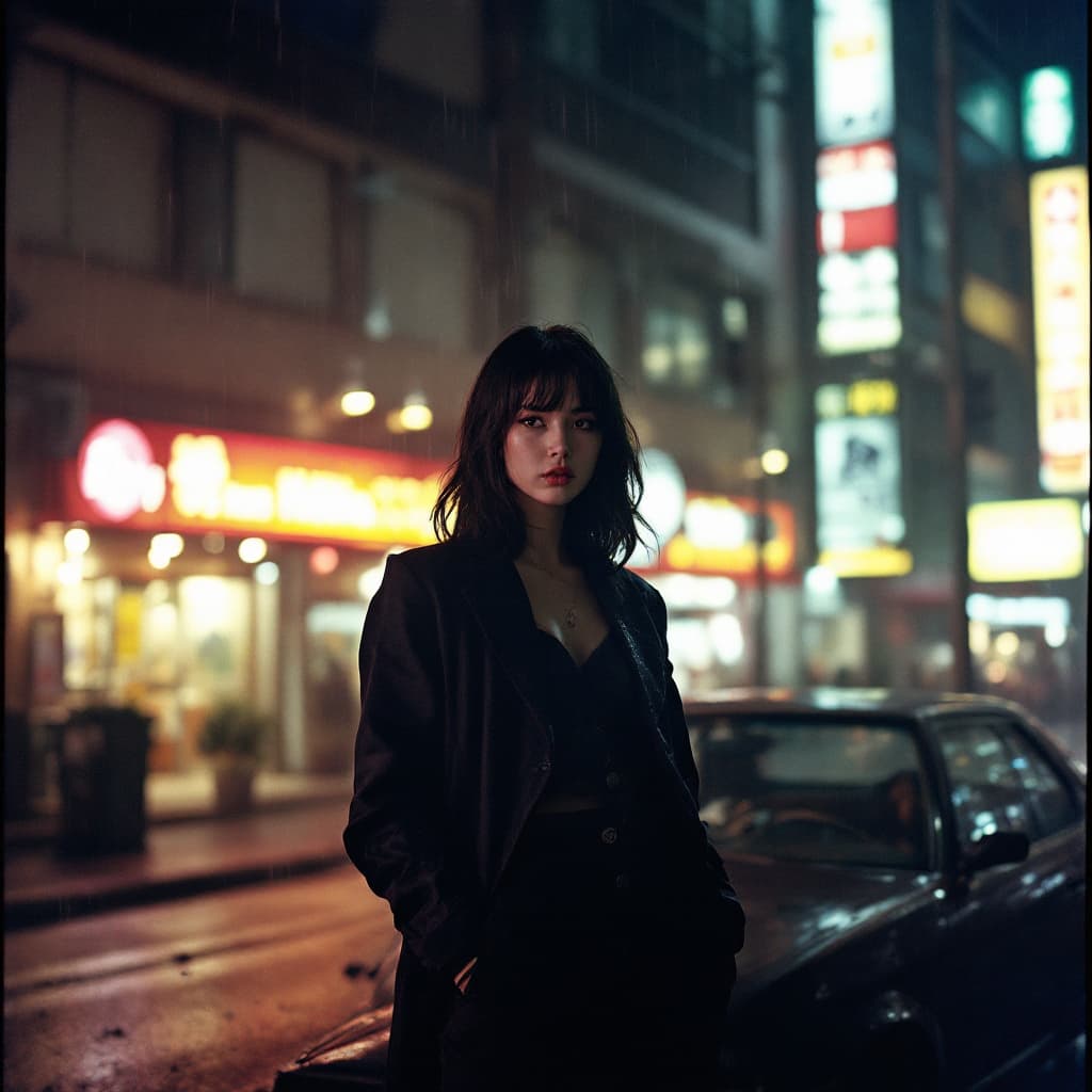 AI generated: 35mm shot of a pertty woman standing in front of a building next to a car, Shibuya, Tokyo, Japan, dr...
