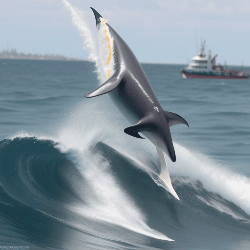 AI generated: Delfin con chaqueta roquera surfeando al lado de la punta de barco
