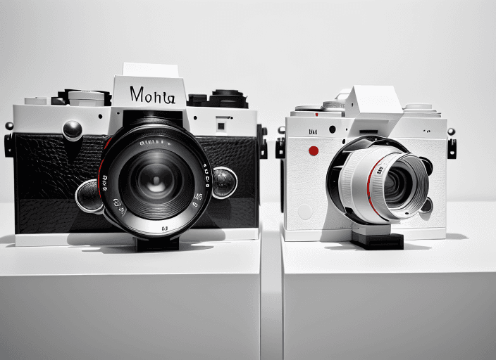 AI generated: Two different cameras, arranged in a line on a white surface, front view, photo realistic, highly de...