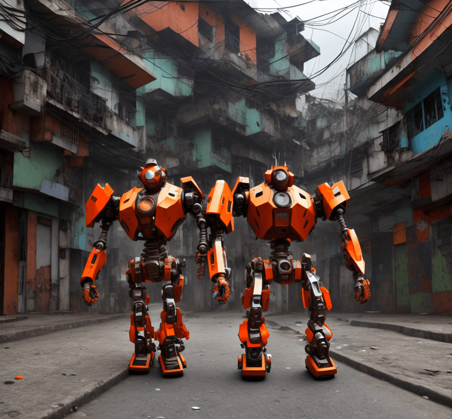 AI generated: a  futuristic iron an orange mech is walking in the street in  a favela. Terrified people are runnin...