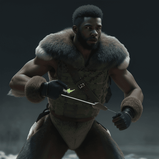 AI generated: black man trains soldiers wearing wolf pelts to fight with green glowing magic, hyper-realism, high ...