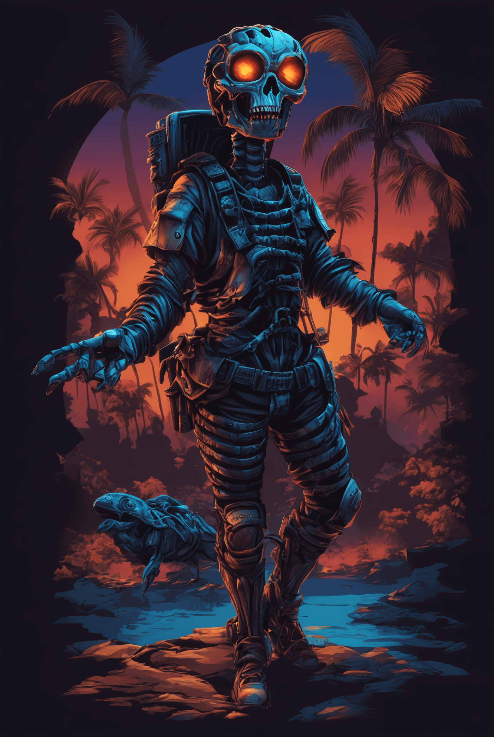 AI generated: Breathtaking , Vibrant colors , t-shirt design , A silly creepy Skeleton , award-winning , professio...