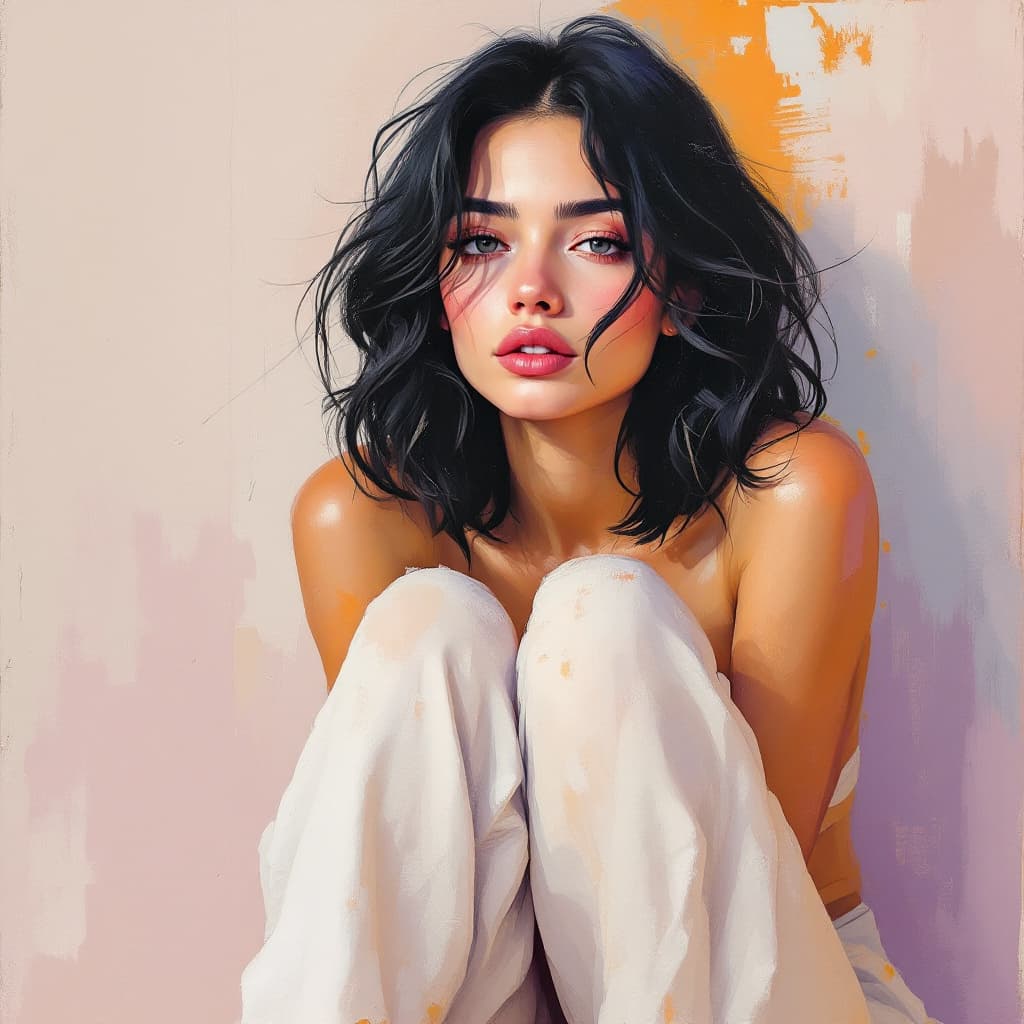 AI generated: abstract full body portrait of a woman sitting with her legs at a provoactive angle with an emphasis...