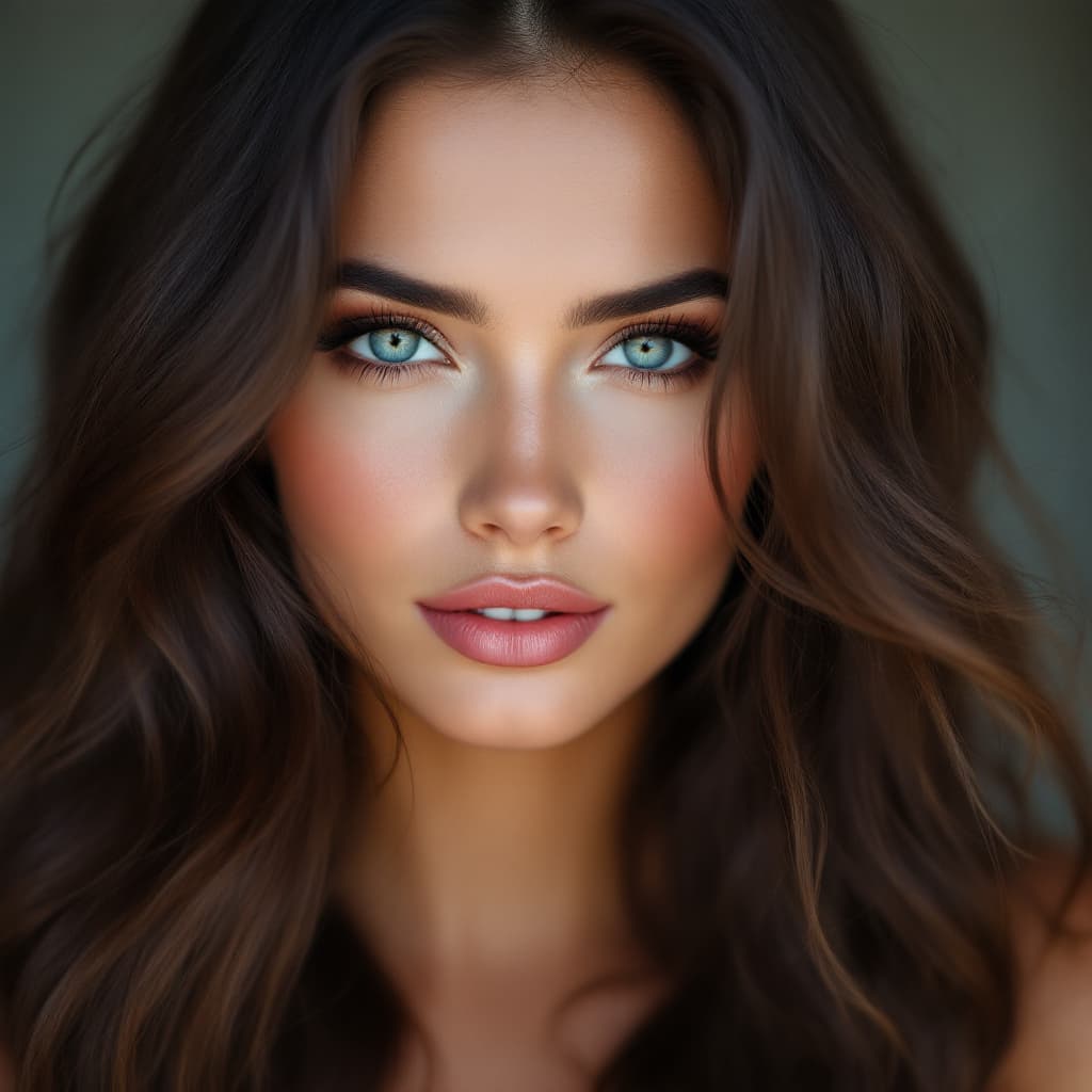 AI generated: a close up of A captivating woman with long, wavy dark brown hair and striking light blue-gray almon...