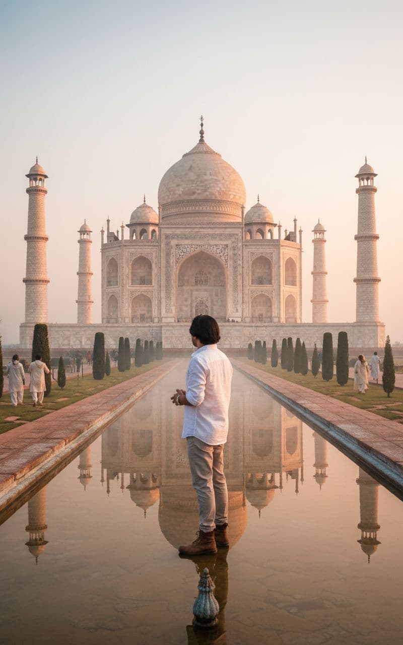 AI generated:  wide-angle shot of the Taj Mahal at sunrise, a man front of taj mahal, some people behind his  wear...