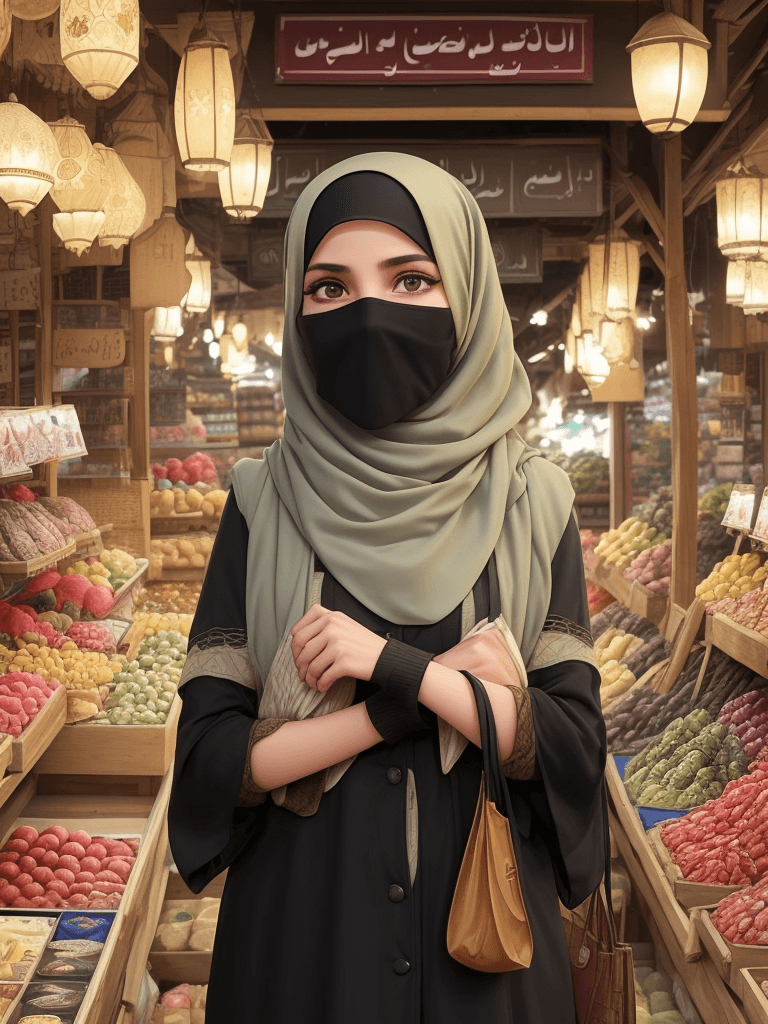 AI generated: A beautiful village girl (niqab) (hijab) is shopping in a beautiful market with warm air around her,...