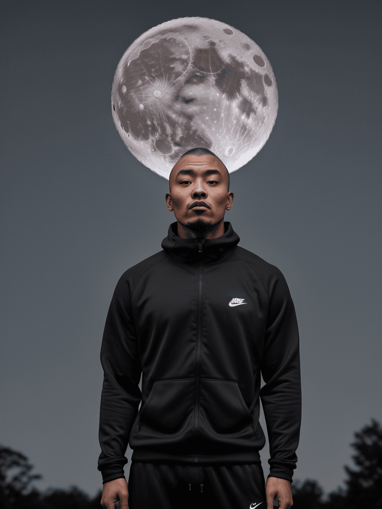 AI generated: man with 🗿head using nike tracksuit, night time, big full moon in the background, ultra realistic, ...