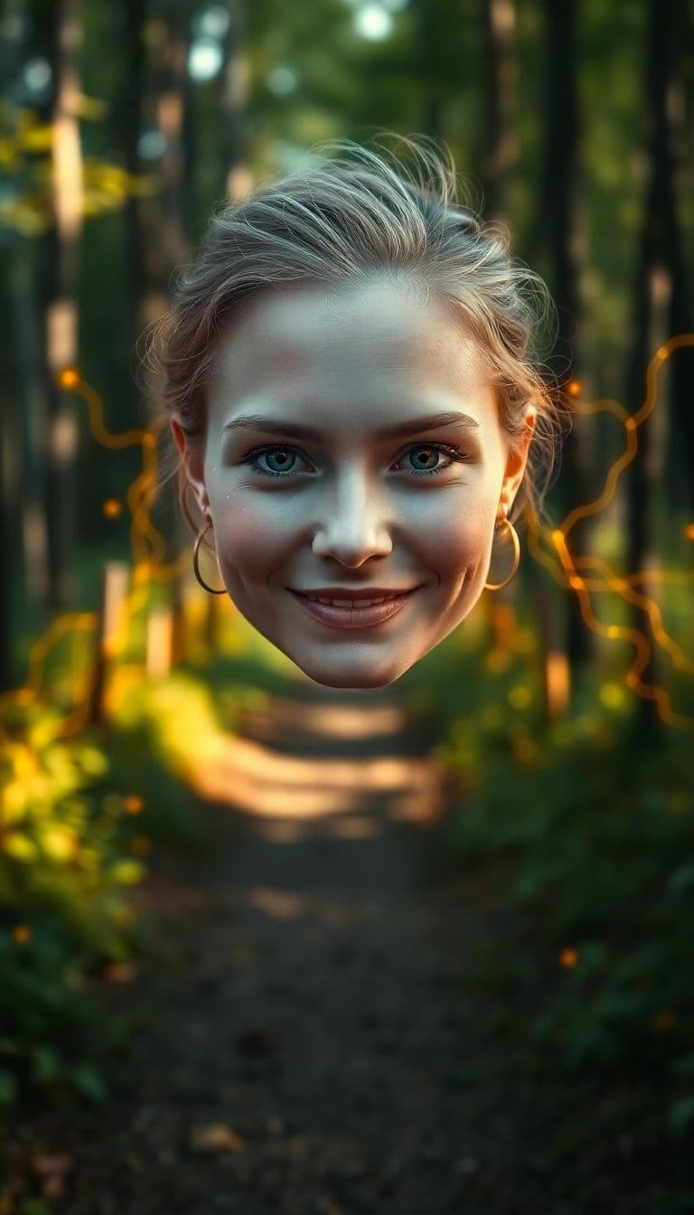 AI generated: A hyperrealistic white woman walks toward us, facing the camera, along a very realistic forest trail...