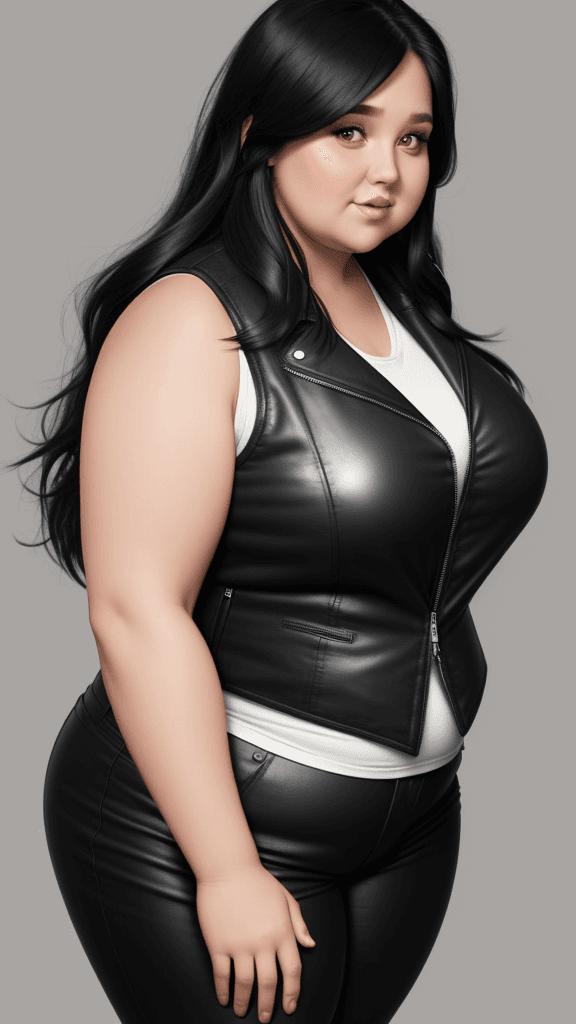 AI generated: 30 year old chubby woman, biceps, long black hair, wears sleeveless biker vest, wears leather pants,