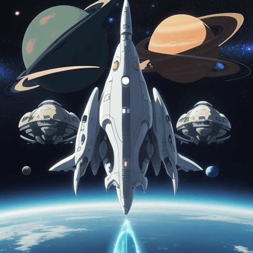 AI generated: perfect anime illustration, futuristic space with spaceships, art by studio ghibli, many planets, pe...