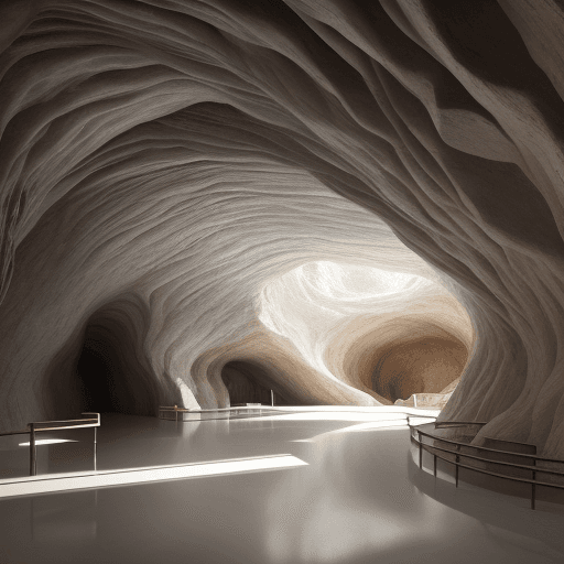 AI generated: rustic, cave, subterranean museum, curvaceous, organic architecture interior limestone textured, and...