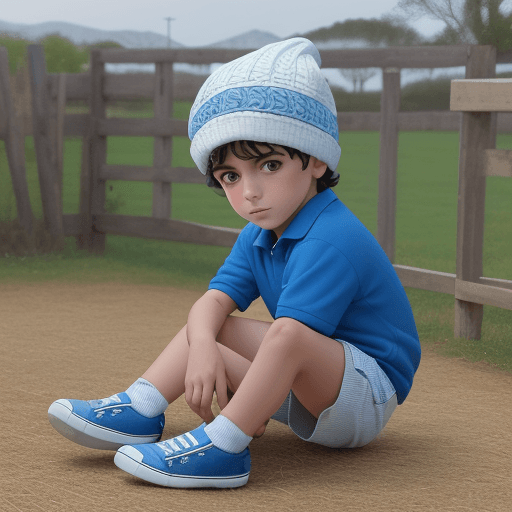 AI generated: NIÑO EN EL CAMPO, ROPA LIGERA, SHORT AZUL Y POLO BLANCO. ZAPATILLAS AZULES Y GORRO BLANCO.